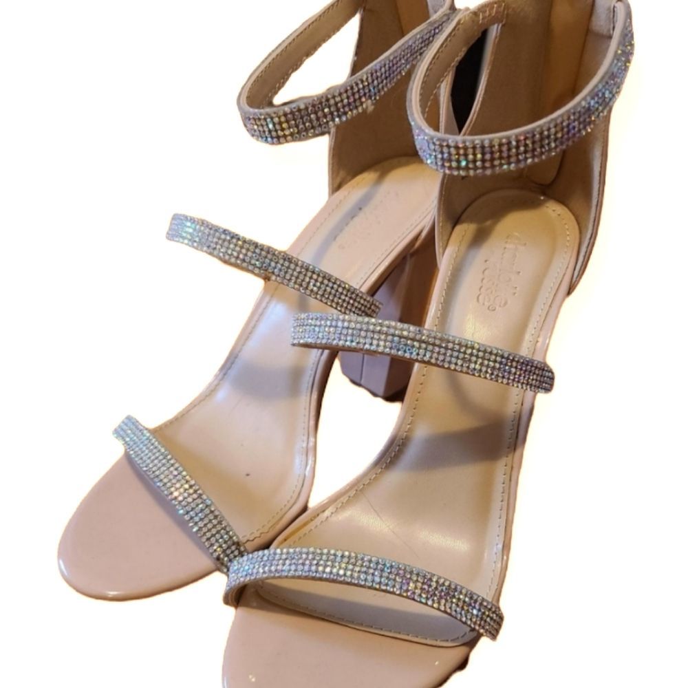 Nude 3 rhinestone covered straps and thick 3.5inch heal